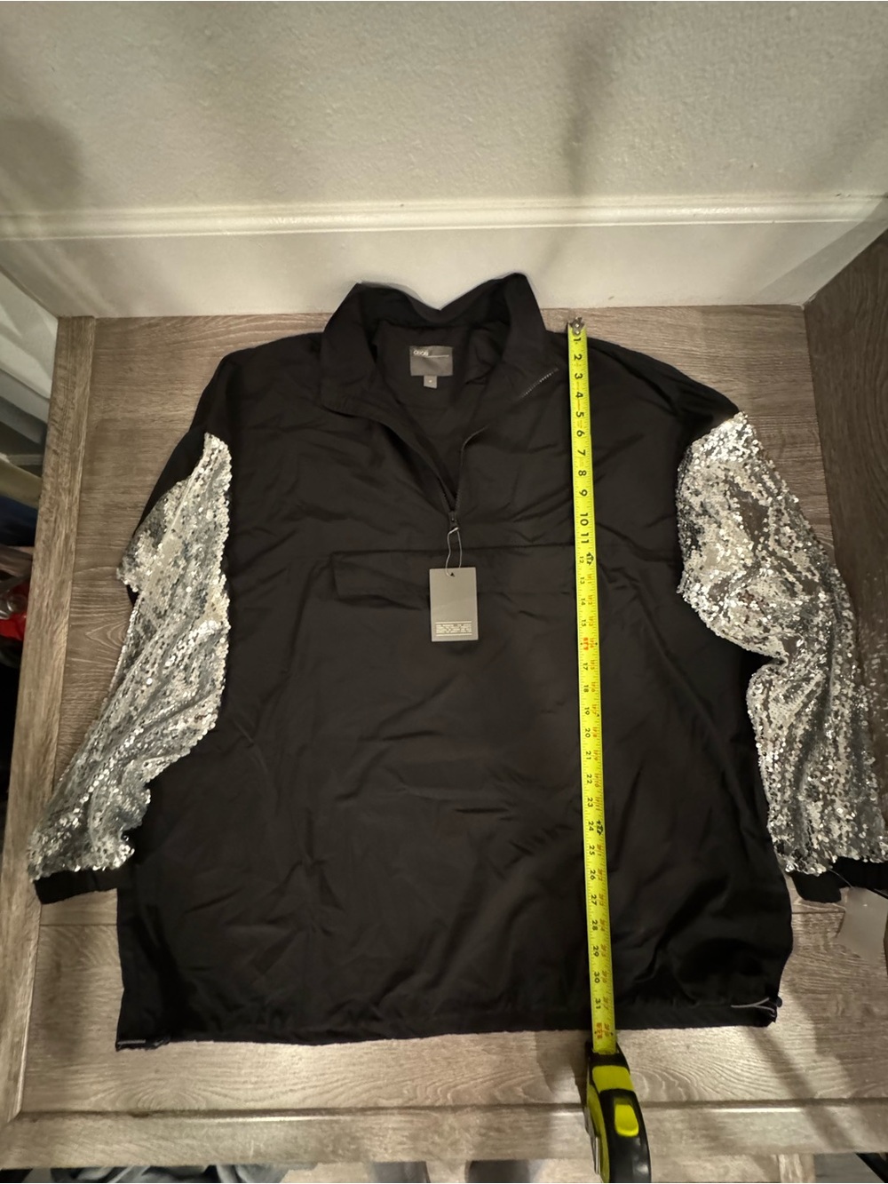 ASOS Black Raincoat with Silver Sequin‎ Sleeves Waterproof Retro Maximalist